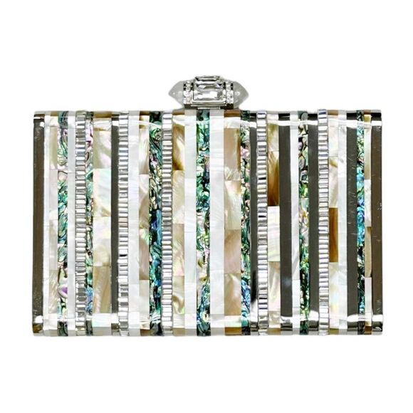 RARE JUDITH LEIBER ‘Shell’ Glass Crystal Abalone Shell Stripe Clutch Bag - Picture 4 of 10